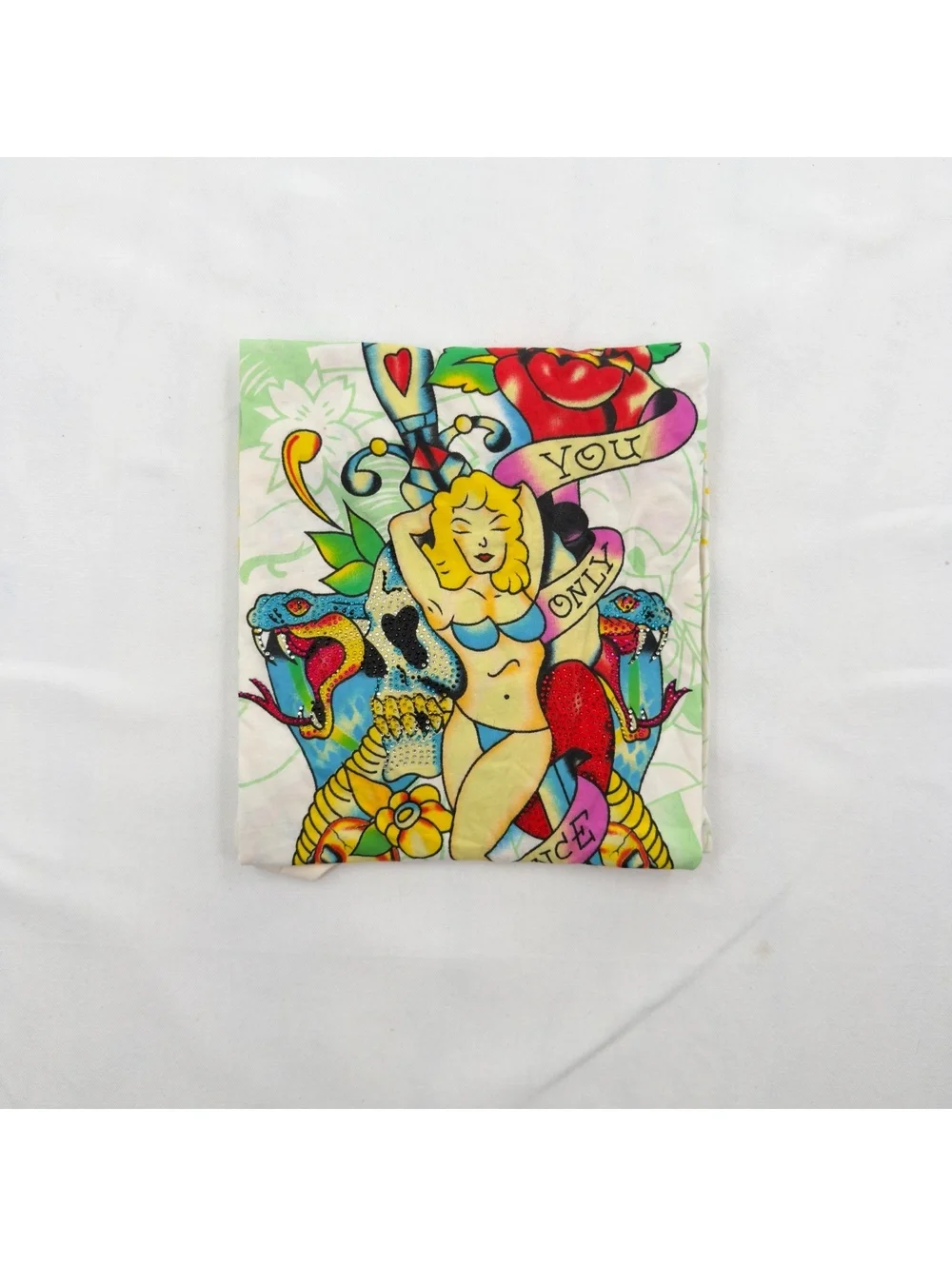 Vintage Ed Hardy Christian Audigier All Over Print T-Shirt 3XL White Green RARE
